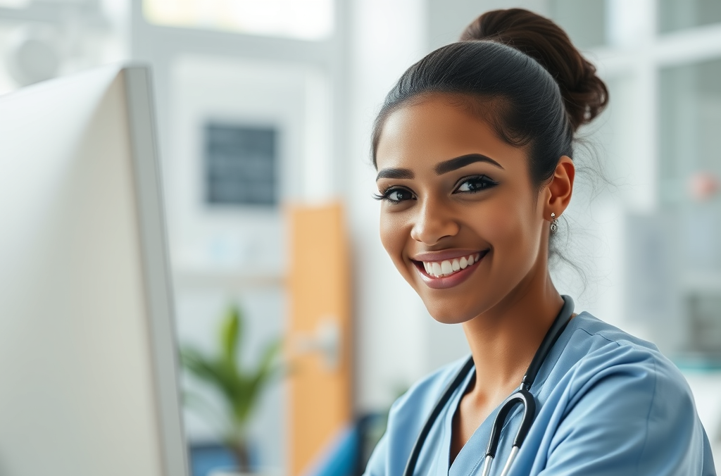 a clinical nurse with pleasent smile working on a computer